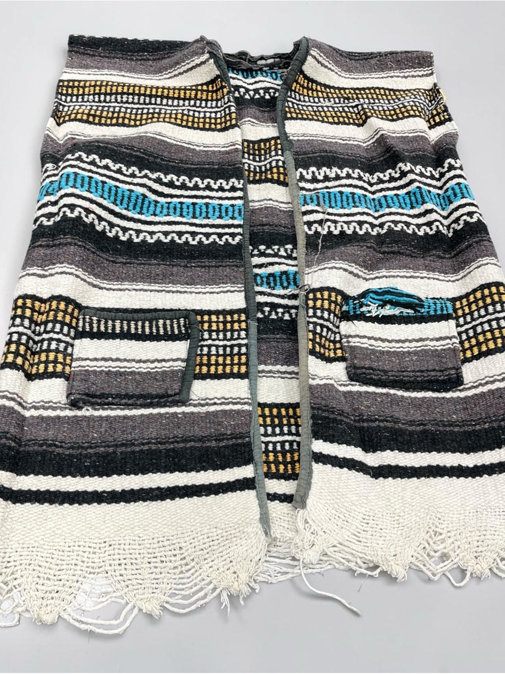 Vintage Mexican Serape Blanket Vest Striped Sante Fe Cape Fringe Boho Southwest